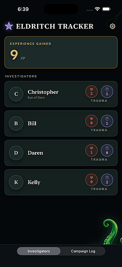 Investigators screen showing four color-coded players with physical and mental trauma counts and total experience gained