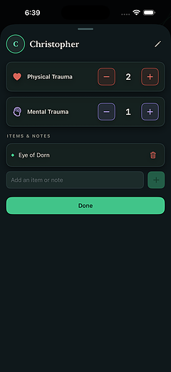 Investigator detail screen with steppers for physical and mental trauma and a list of items and notes