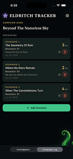 Campaign log showing scenarios with resolutions, notes, and experience earned