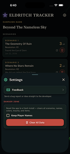 Settings screen with feedback option and campaign reset controls